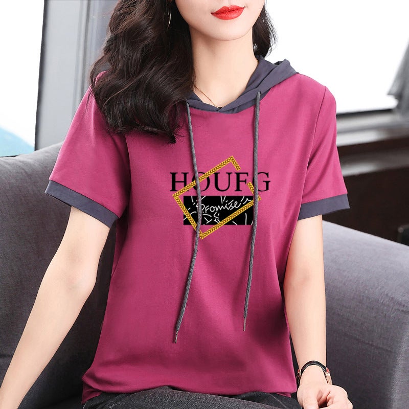 Pure Cotton Short-Sleeved T-Shirt For Women 2024 Summer Loose Slimming Thin Sweatshirt Fashionable Printed Hooded Base Shirt Round Neck - Image 1