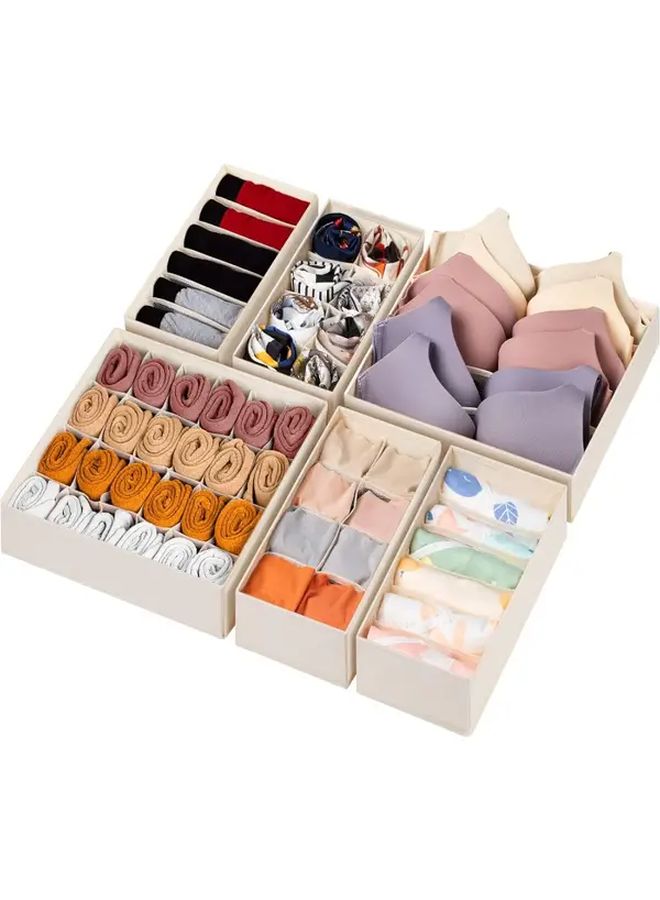 6 Pack Beige Fabric Drawer Organizer Divider Heavy Duty Foldable Dresser Organizer with 116 Cells for Baby Clothes Womens Mens Bras Socks Ties Scarves Closet Storage Bins Space Saving Wardrobe - Image 1