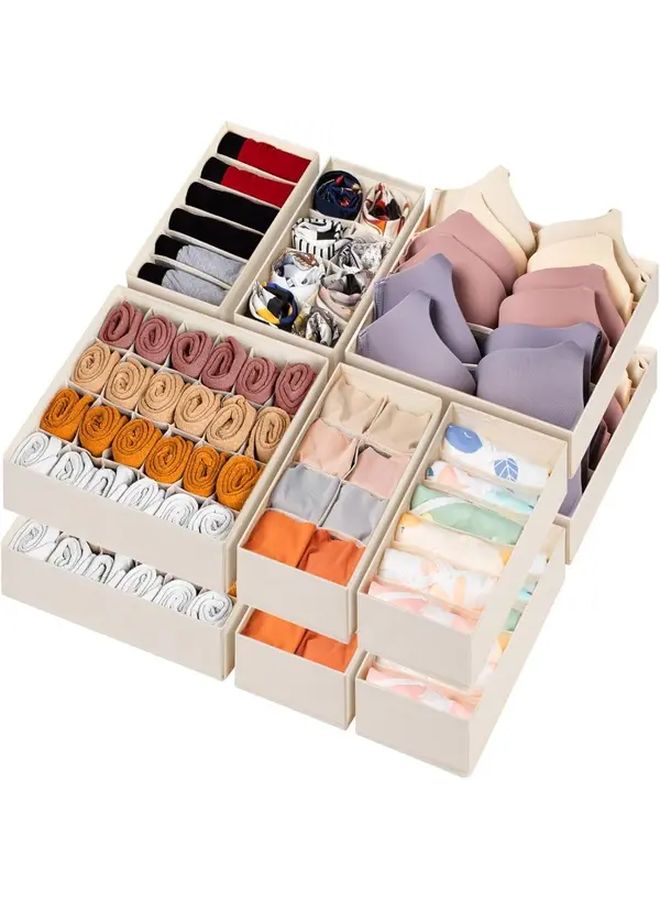 6 Pack Beige Fabric Drawer Organizer Divider Heavy Duty Foldable Dresser Organizer with 116 Cells for Baby Clothes Womens Mens Bras Socks Ties Scarves Closet Storage Bins Space Saving Wardrobe - Image 3