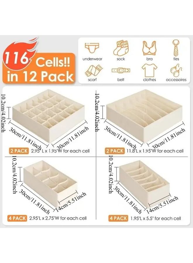 6 Pack Beige Fabric Drawer Organizer Divider Heavy Duty Foldable Dresser Organizer with 116 Cells for Baby Clothes Womens Mens Bras Socks Ties Scarves Closet Storage Bins Space Saving Wardrobe - Image 4