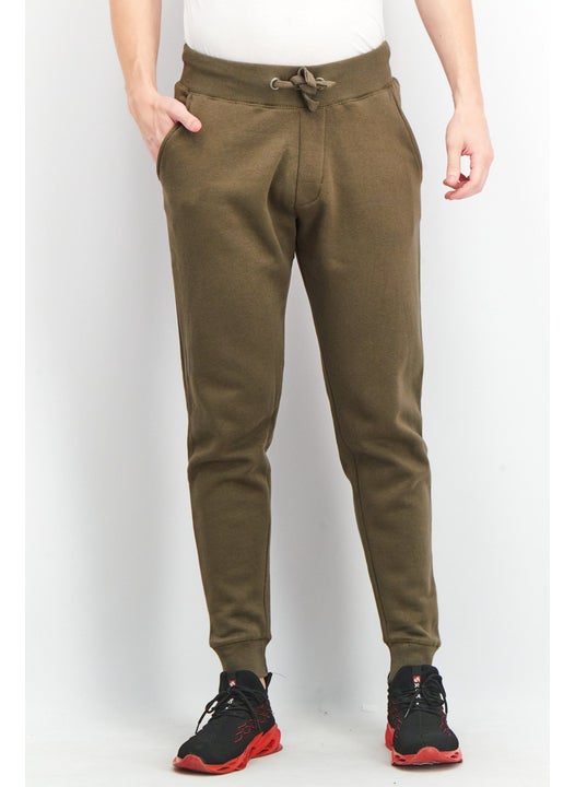 Men Regular Fit Plain Jogger Pants, Khaki Olive