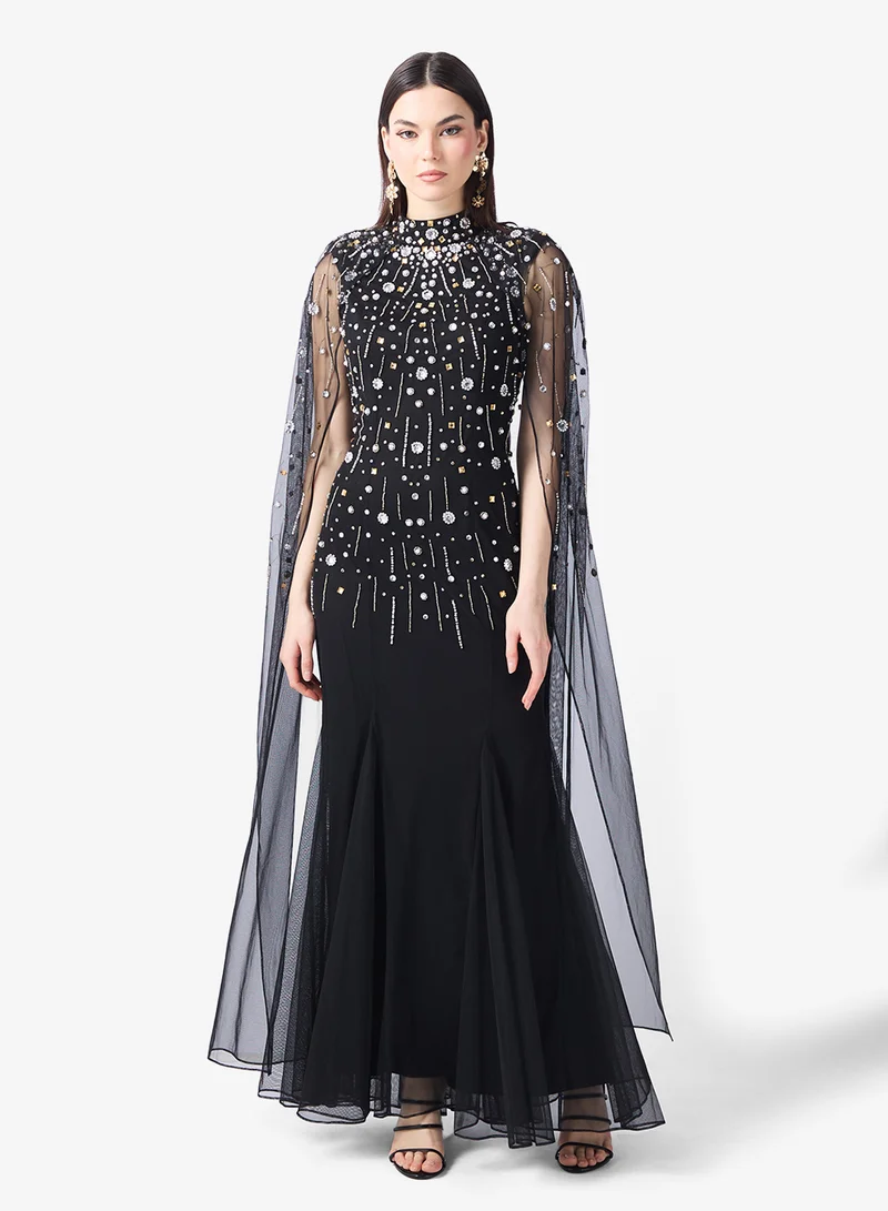 Embellished Cape Detailed Maxi Dress