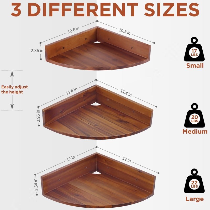Demigo Corner Shelf Wall Mount Set of 3, Solid Acacia Wood Round Floating Corner Shelves for Storage and Display, Hanging Wood Shelves for Bedroom, Kitchen, Living Room, Bathroom (Brown) - Image 3