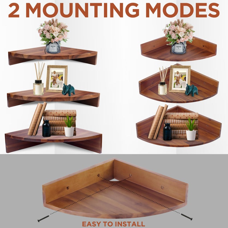 Demigo Corner Shelf Wall Mount Set of 3, Solid Acacia Wood Round Floating Corner Shelves for Storage and Display, Hanging Wood Shelves for Bedroom, Kitchen, Living Room, Bathroom (Brown) - Image 4