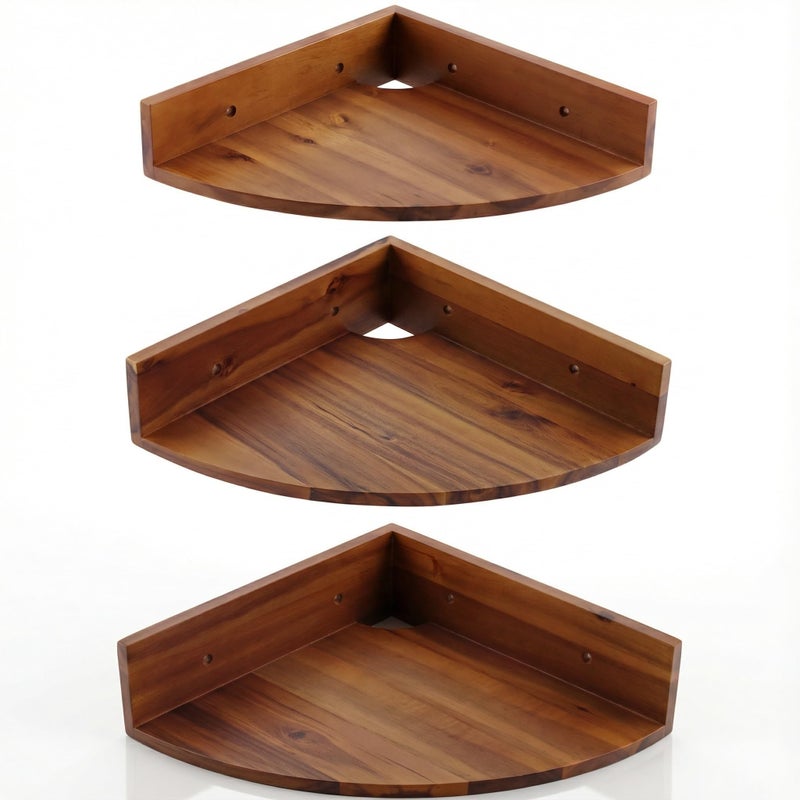Demigo Corner Shelf Wall Mount Set of 3, Solid Acacia Wood Round Floating Corner Shelves for Storage and Display, Hanging Wood Shelves for Bedroom, Kitchen, Living Room, Bathroom (Brown) - Image 1