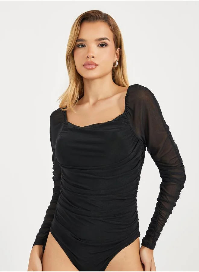 Styli Gathered Mesh Sleeves Square Neck Bodysuit