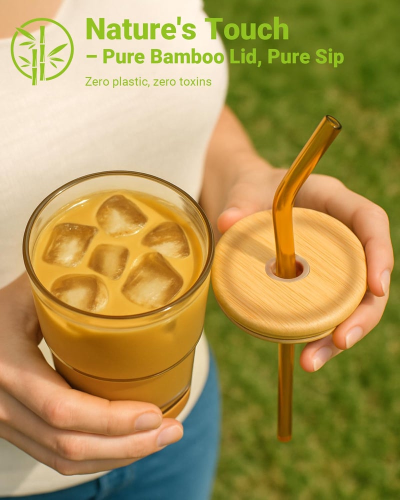 Zukro 13 oz Glass Iced Coffee Cups with Bamboo Lid and Straw for Office/Home/Work, Zero Plastic, Thick Wall Glass Water Tumbler With Silicone Bottom, Matcha Glasses, ECO Friendly, Shimmer 2 Pack - Image 5