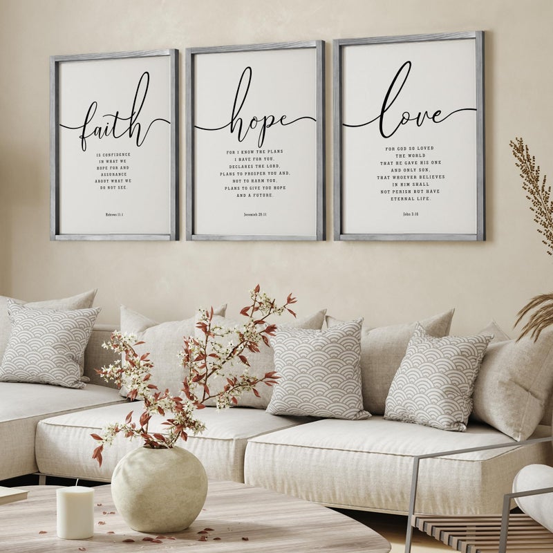 Houmury Set of 3 Framed Farmhouse Bible Verses Wall Decor Sign 11â€x14â€ Christian Faith Scripture Wall Art for Home Living Room Bedroom Wall Decor (11"x14" Grey) - Image 3