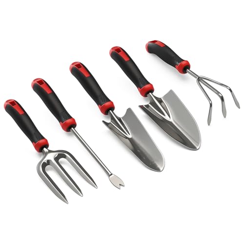 OUTO 5 Pcs Stainless Steel Garden Tools Set (2 Pcs Hand Transplant Shovel, Rake Cultivator, Shovel and Hand Weeder) Terrace Balcony Gardening Accessories Kit for Home Garden Farming - Image 1