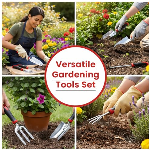 OUTO 5 Pcs Stainless Steel Garden Tools Set (2 Pcs Hand Transplant Shovel, Rake Cultivator, Shovel and Hand Weeder) Terrace Balcony Gardening Accessories Kit for Home Garden Farming - Image 5