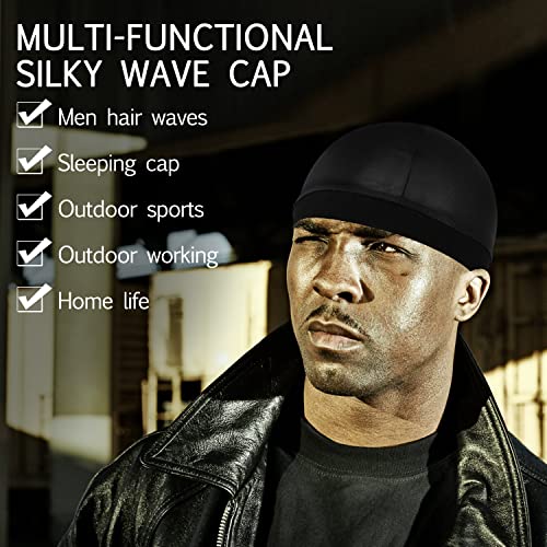 Sibba 3 Pieces Unisex Satin Silky Wave Caps 360 540 720 Wave Elastic Band Silky Durag Headwear Stockings Wig Beanie Cap Soft Breathable Skullies Beanies Cap for Sleeping Shower Black - Image 4