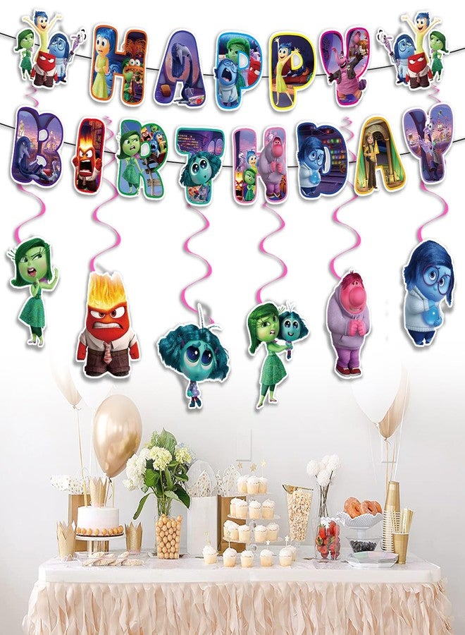 أومتو مستلزمات حفلات مستوحاة من فيلم "Inside Out"، تتضمن 12 قطعة من الزينة الحلزونية المعلقة المستوحاة من الفيلم، بالإضافة إلى لافتة "عيد ميلاد سعيد" لتزيين حفلة مستوحاة من الفيلم. - Image 3