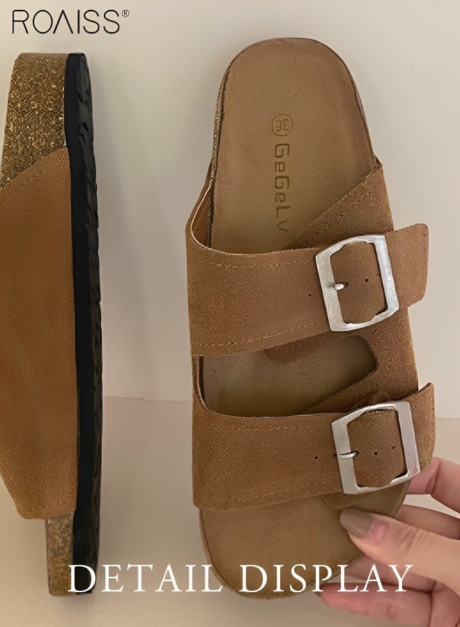 رويس شبشب نسائي مفتوح من الأمام بقصة مستقيمة ونعل سميك ناعم غير قابل للانزلاق، شبشب شاطئ متعدد الاستخدامات قابل للتعديل، مسطح للارتداء في الخارج للأزواج، ألوان كلاسيكية عصرية - Image 3