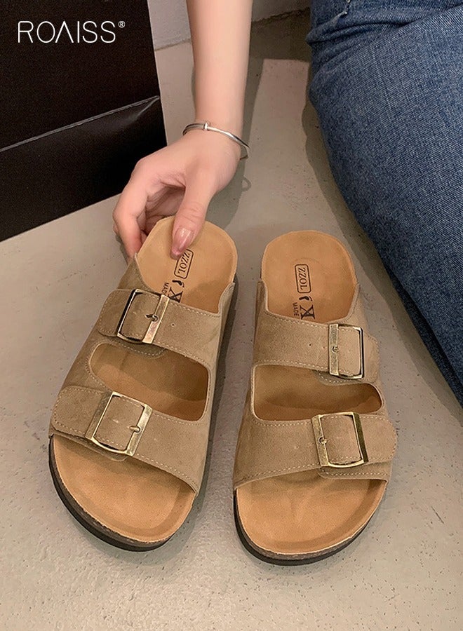 roaiss Women's Straight Cut Open Toe Slippers Frosted  Soft Thick Sole Anti Slip Sandals Adjustable Versatile Beach Slippers Flats for Out Wear for Couples Fashionable Classic Colors Brown - Image 2