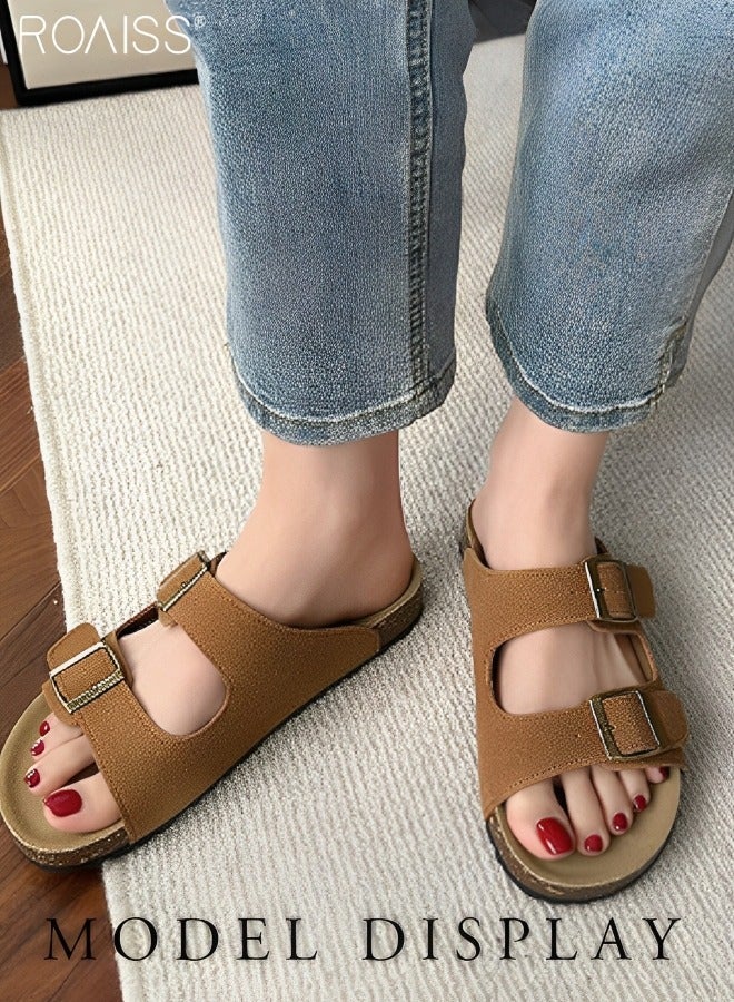 roaiss Women's Straight Cut Open Toe Slippers Frosted  Soft Thick Sole Anti Slip Sandals Adjustable Versatile Beach Slippers Flats for Out Wear for Couples Fashionable Classic Colors Brown - Image 1
