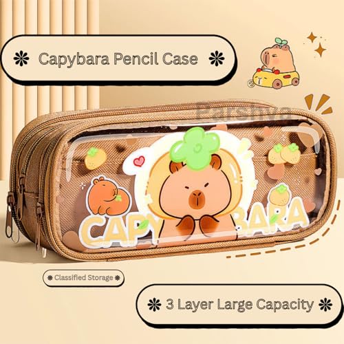 Parshya Canvas Large Capacity Transparent Cute Cartoon Print Pencil Case 3 Compartment Aesthetic Pencil Case for Girls Multifunctional Stationery Organizer for School Office (Panda Green Transperant) - Image 2
