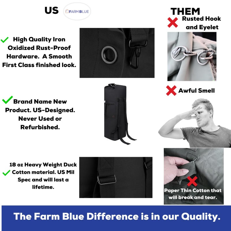 Farm Blue حقيبة دفل عسكرية كبيرة برباطين من فارم بلو - XL - قماش قطن ثقيل - حقيبة سفر للرجال والنساء، غرف النوم، معسكرات الصيف، حتى قوات البحرية! حقيبة معدات تكتيكية - 22" × 38" باللون الأسود - Image 3