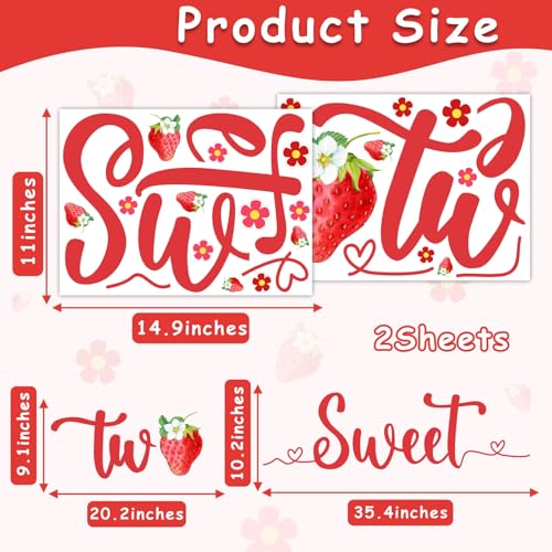 kokolap Two Sweet Birthday Decoration Signs Berry 2nd Birthday Vinyl Decals for Backdrop Baby Sweet Girls Birthday Sign Berry Two Stickers for Balloon Arch Strawberry Second Birthday Party Supplies Banner - Image 3