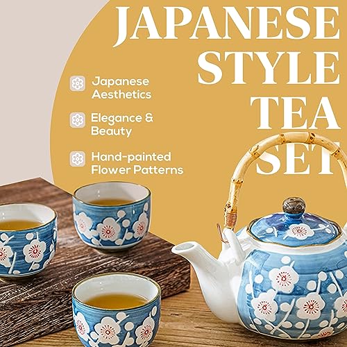 PUNNIO Japanese Tea Set, Japanese Style Porcelain Tea Sets for Adult, 1 Ceramic Tea Pot with Handle & 1 Stainless Steel Tea Filter & 4 Tea Cups (Sakura) - Image 2