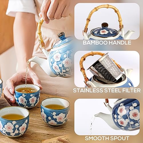 PUNNIO Japanese Tea Set, Japanese Style Porcelain Tea Sets for Adult, 1 Ceramic Tea Pot with Handle & 1 Stainless Steel Tea Filter & 4 Tea Cups (Sakura) - Image 5