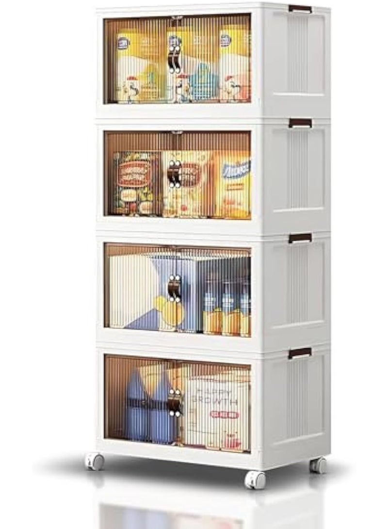 ACPLAY 4-Tier Stackable Storage Bins with Wheels, Clear Plastic Organizer Cabinet for Kitchen Pantry, Clothes, Toys, Snacks & Office Supplies, Rolling Storage Shelves with Lockable Casters - Image 1