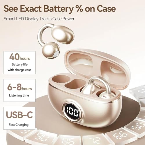 QJF Clip on Earbuds for Small Ears & Glasses, Open Ear Bluetooth 5.4 Headphones with 40H Playtime & Digital Display, Sweatproof - Image 3
