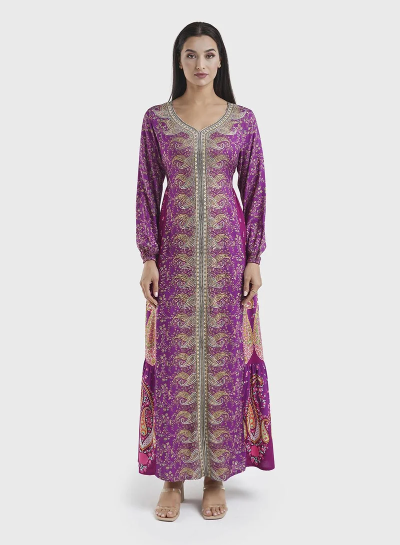 KASHKHA Viscose Floral & Paisley Print Tiered Jalabiya (VDU857)