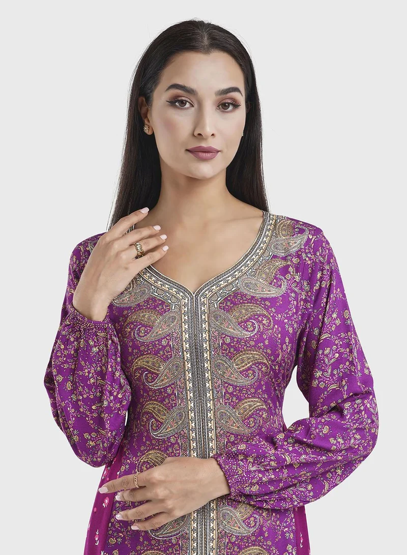 KASHKHA Viscose Floral & Paisley Print Tiered Jalabiya (VDU857)