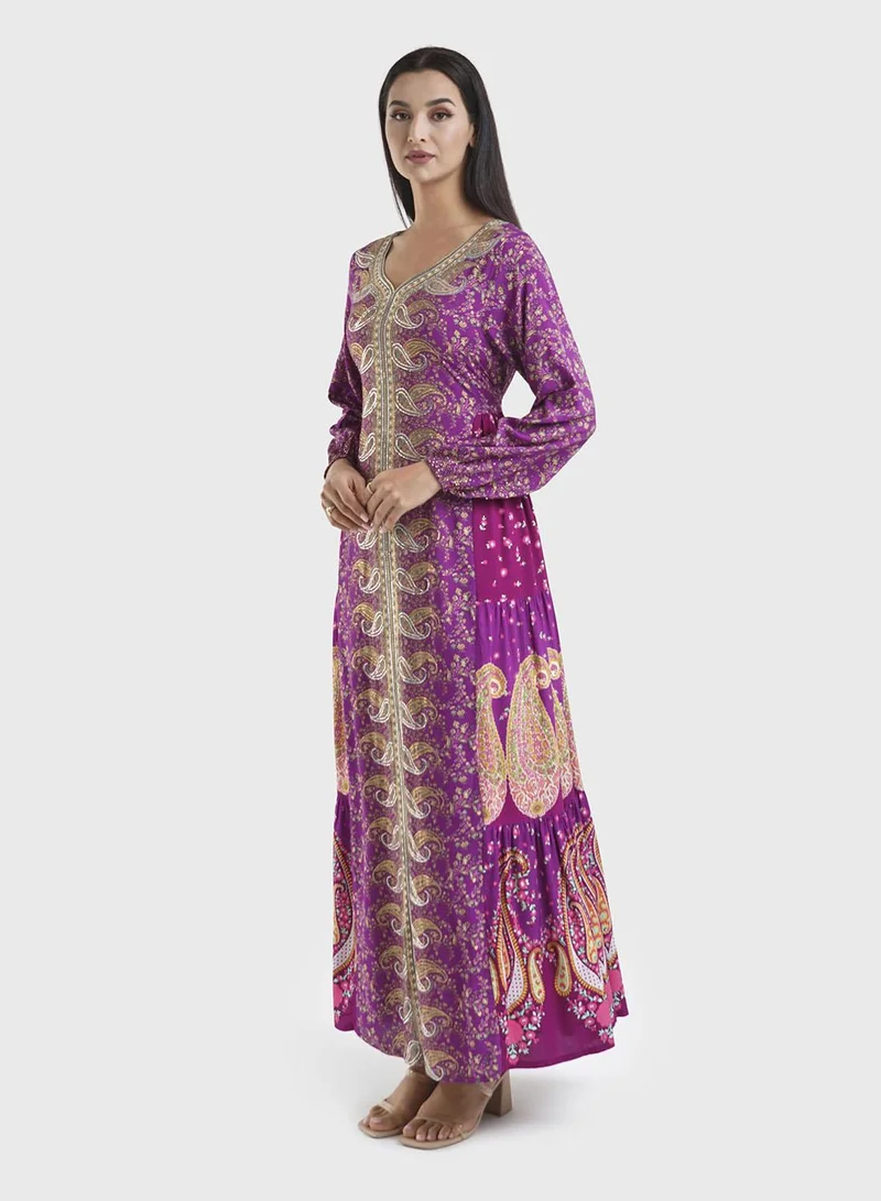 KASHKHA  Viscose Floral & Paisley Print Tiered Jalabiya (VDU857) for Women | Best Price UAE