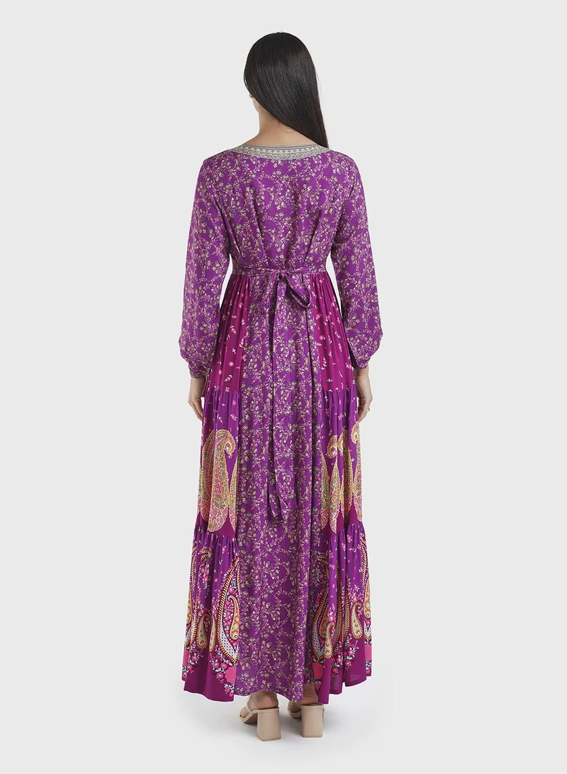 KASHKHA  Viscose Floral & Paisley Print Tiered Jalabiya (VDU857) for Women | Best Price UAE