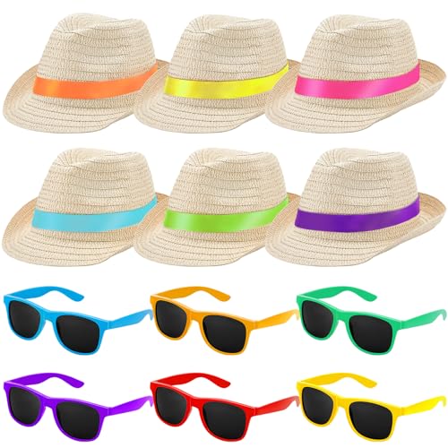 Newcotte 12 Pcs Straw Hats, Havana Cubans with Sunglass Hawaiian, Birthday Party Supplies - Image 1