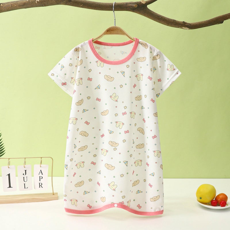 Summer Childrens Pajamas Sleepsuit Babys Kick-proof Nightgown Boys and Girls Ice Silk Thin Jumpsuit Home Clothes Bow knot [robe]] 