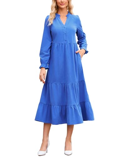 YEXPINE Women’s Corduroy Midi Dress Fall Winter Long Sleeve Ruffle V Neck Button Down Flowy Tiered Shirt Dresses with Pockets Blue - Image 1