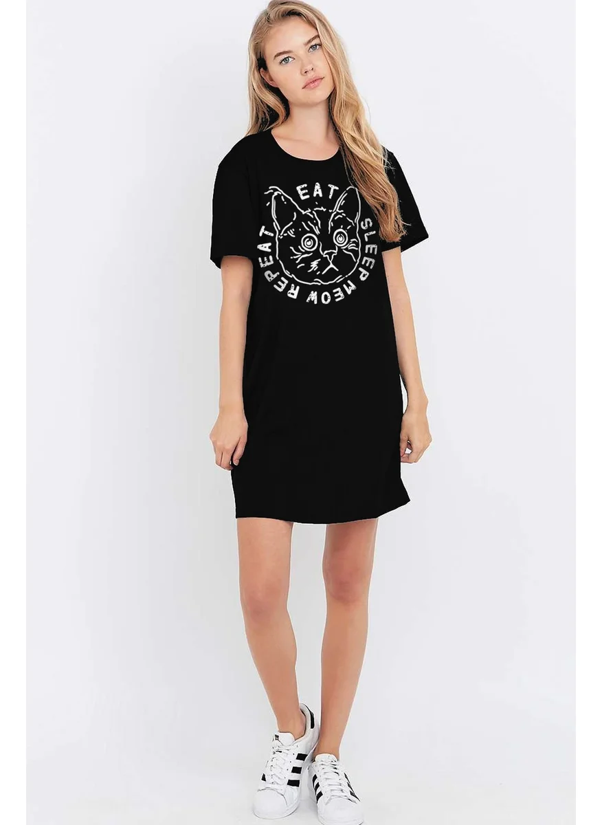 Rock&Roll Confused Cat Black Short Sleeve Women's T-Shirt Dress