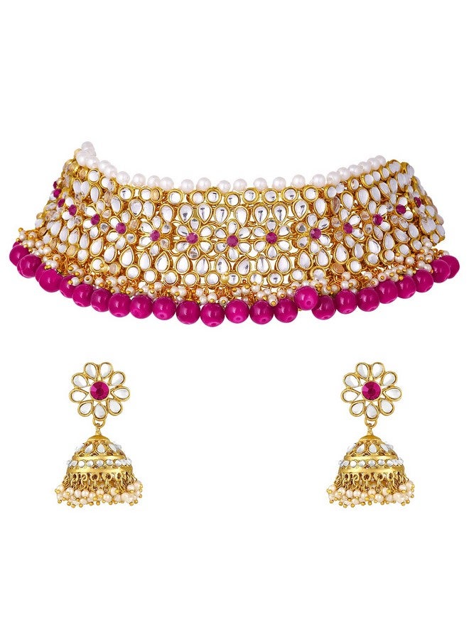 Peora Gold Plated Kundan Faux Pearl Choker Necklace Earring Traditional Jewellery Set for Women - Image 1