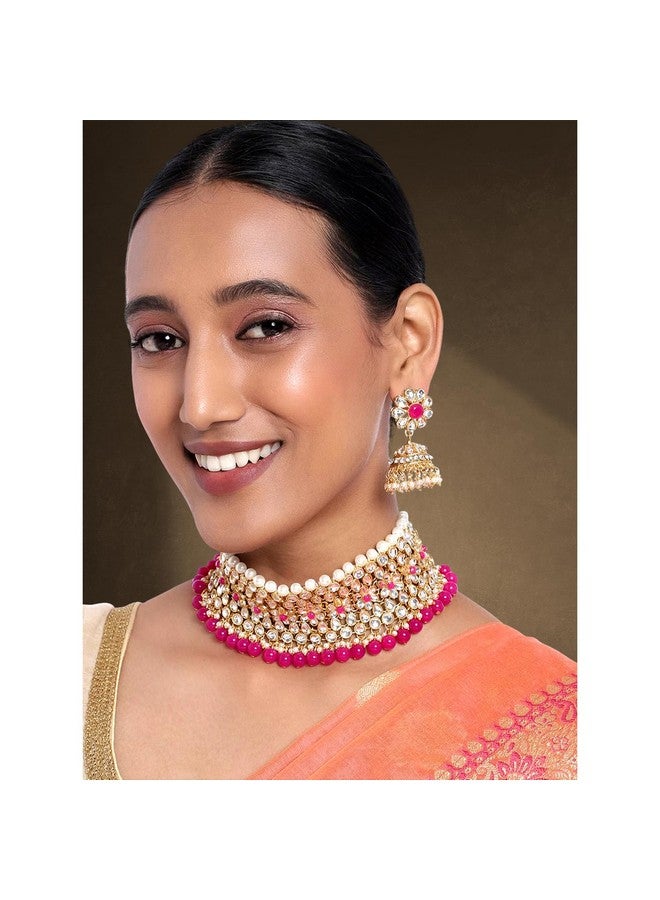 Peora Gold Plated Kundan Faux Pearl Choker Necklace Earring Traditional Jewellery Set for Women - Image 2