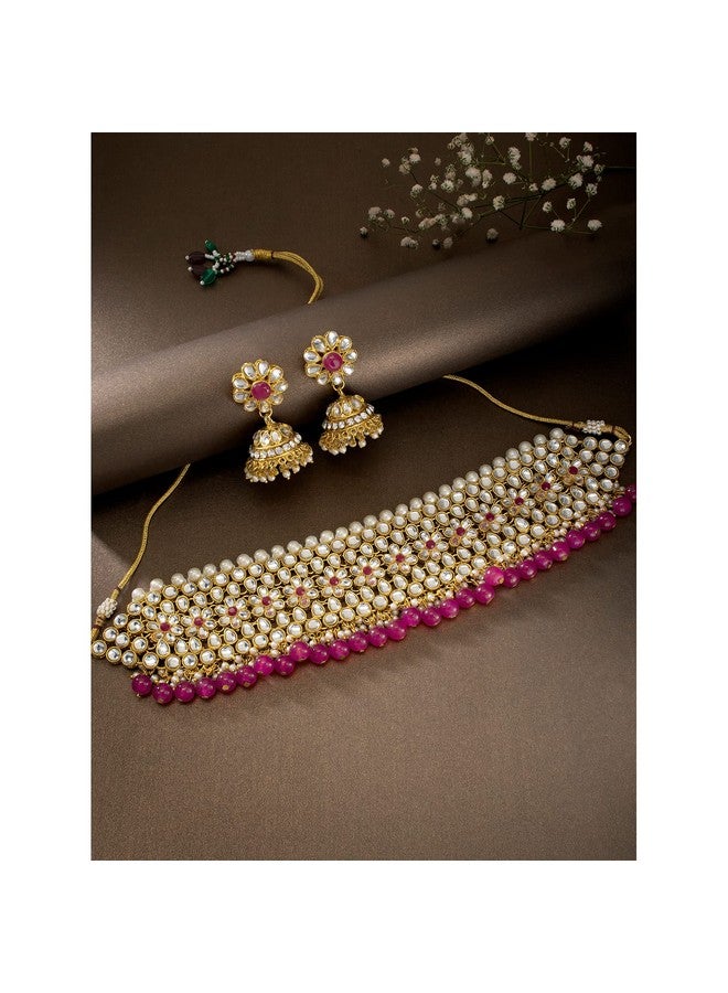 Peora Gold Plated Kundan Faux Pearl Choker Necklace Earring Traditional Jewellery Set for Women - Image 3