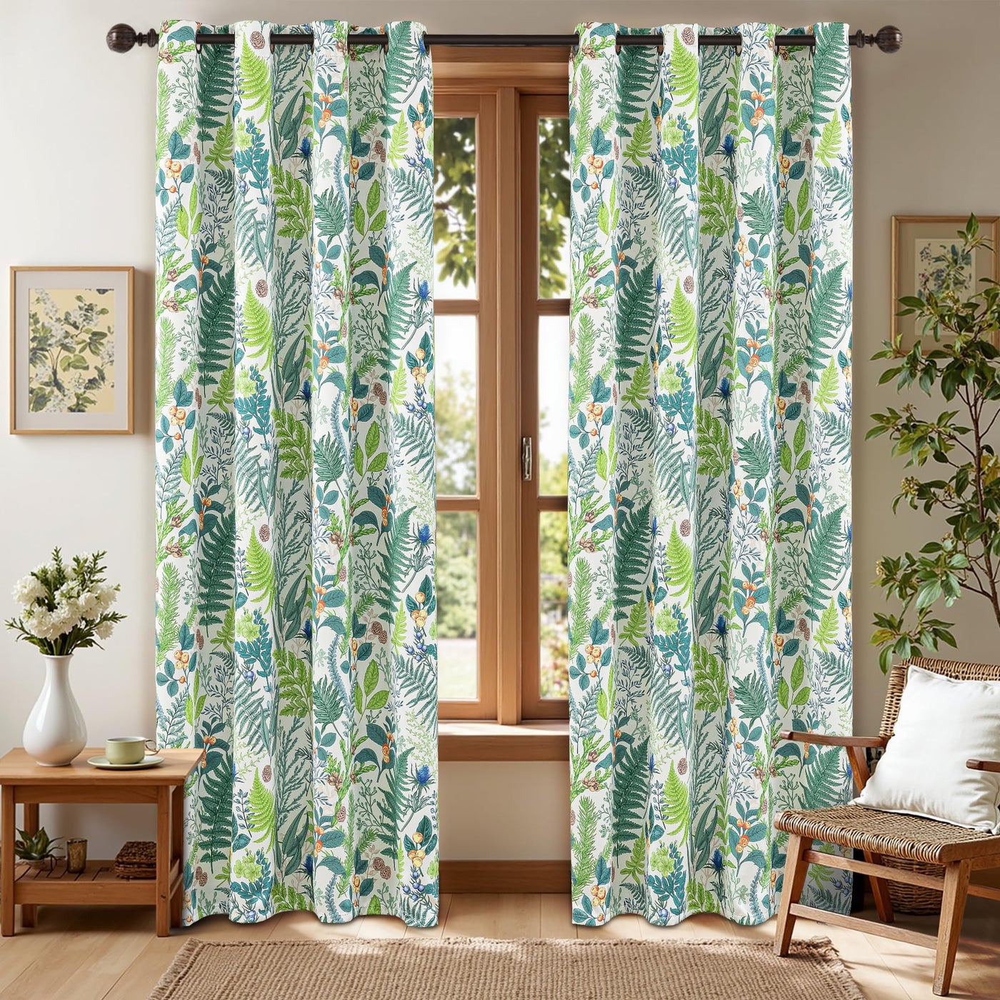 keensoft Botanical 100% Blackout Curtains for Bedroom 84 Inch Length 2 Panels Set White Green Plant Floral Black Out Curtains Insulated Grommet Room Darkening Window Drapes for Living Room,52Wx84L