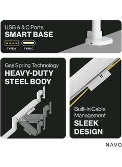 navo NAVO Control Single Monitor Arm - Model Y PRO, Desk Mount for 17-57 inch Flat & Curved Screens, Heavy-Duty Steel with Gas Spring Tech Monitor Mount up to 27KGs (White)  - Image 4