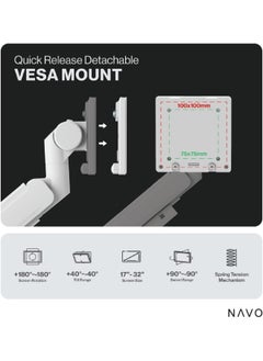 navo NAVO Control Single Monitor Arm - Model Y PRO, Desk Mount for 17-57 inch Flat & Curved Screens, Heavy-Duty Steel with Gas Spring Tech Monitor Mount up to 27KGs (White)  - Image 5