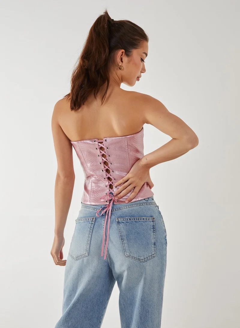 Pink Vanilla Snake PU Lace Up Corset Top