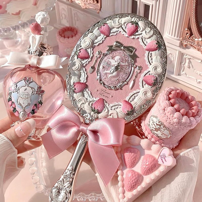 Flower Knows Strawberry Cupid Hand Mirror,Vintage Handheld Mirror,Fancy & Pretty Princess Mirror with Long Handle,Gift for Girls & Women(Milk Pink) - Image 4