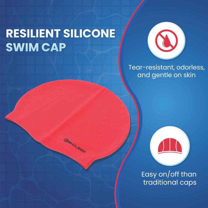 Endless EL1019 Classic Comfortable Plain Silicon Swimming Cap | Red | Material : Silicon | Fully Elastic Waterproof Swimming Cap for Long and Short Hair with Thicker Edge | For Adults, Women and Men - Image 2