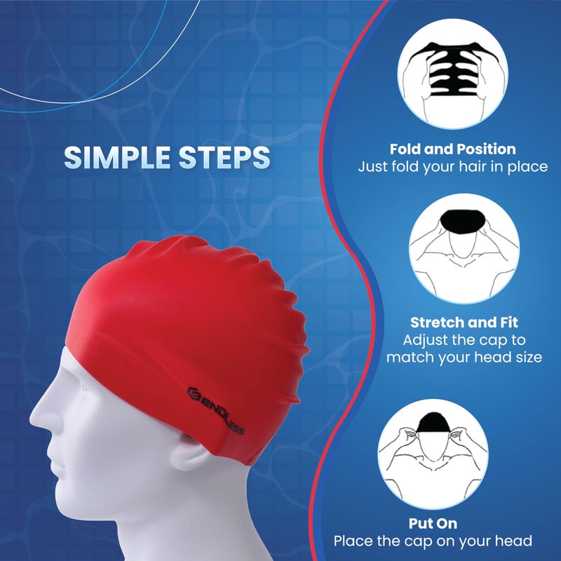 Endless EL1019 Classic Comfortable Plain Silicon Swimming Cap | Red | Material : Silicon | Fully Elastic Waterproof Swimming Cap for Long and Short Hair with Thicker Edge | For Adults, Women and Men - Image 4