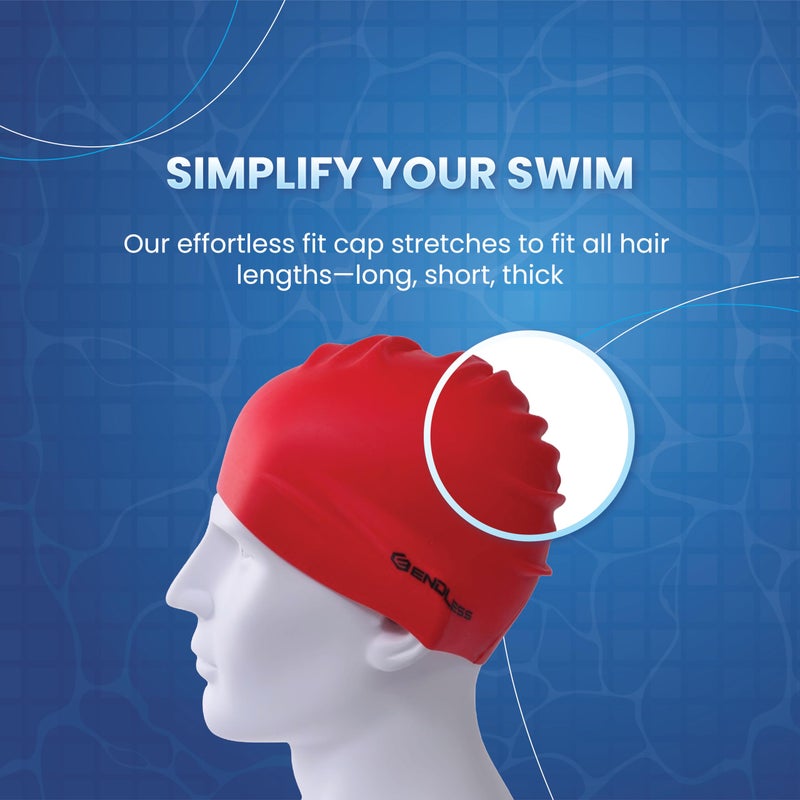 Endless EL1019 Classic Comfortable Plain Silicon Swimming Cap | Red | Material : Silicon | Fully Elastic Waterproof Swimming Cap for Long and Short Hair with Thicker Edge | For Adults, Women and Men - Image 3