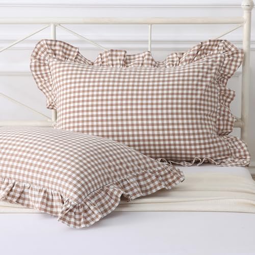 Silnuo Taupe/White Plaid Ruffled Pillow Covers Queen Size Set of 2, Washed Cotton Shabby Checkered Gingham Pillow Shams 20"x30" - Image 1