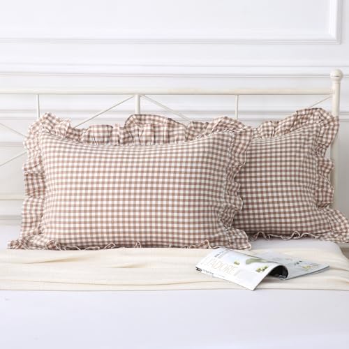 Silnuo Taupe/White Plaid Ruffled Pillow Covers Queen Size Set of 2, Washed Cotton Shabby Checkered Gingham Pillow Shams 20"x30" - Image 2