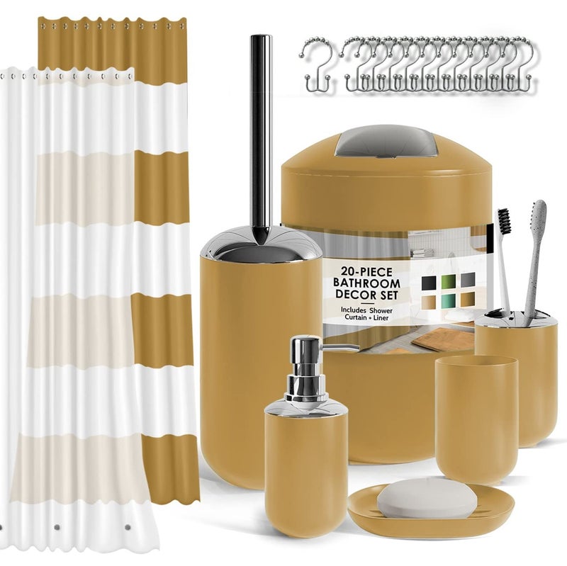 Clara Clark Bathroom Set  Gold Bathroom Accessories Set 20PC Bathroom Accessory Set Shower Curtain Set with Liner Toothbrush Holder Soap Dispenser Soap Dish Toilet Brush Holder and Trash Can