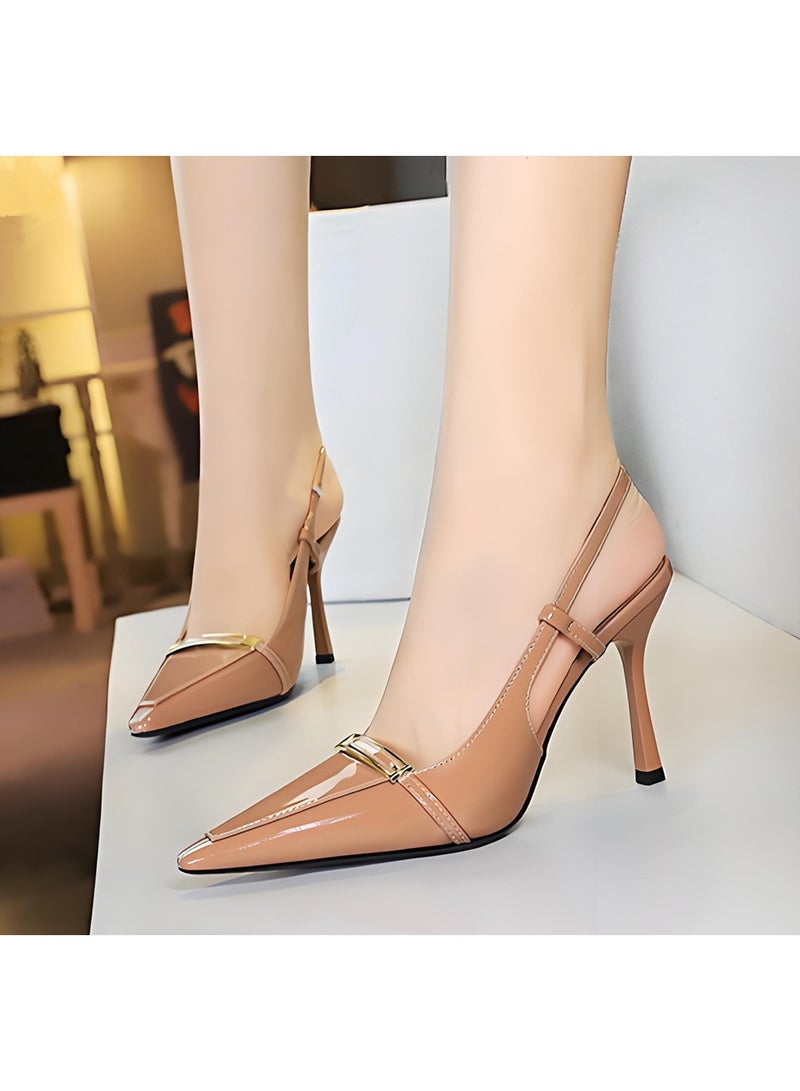 بيج تري المرأة مغلقة أشارت إصبع القدم مضخات سلينغباك ستيليتو كعب عالي صنادل لون عاري 9.5CM - Image 3