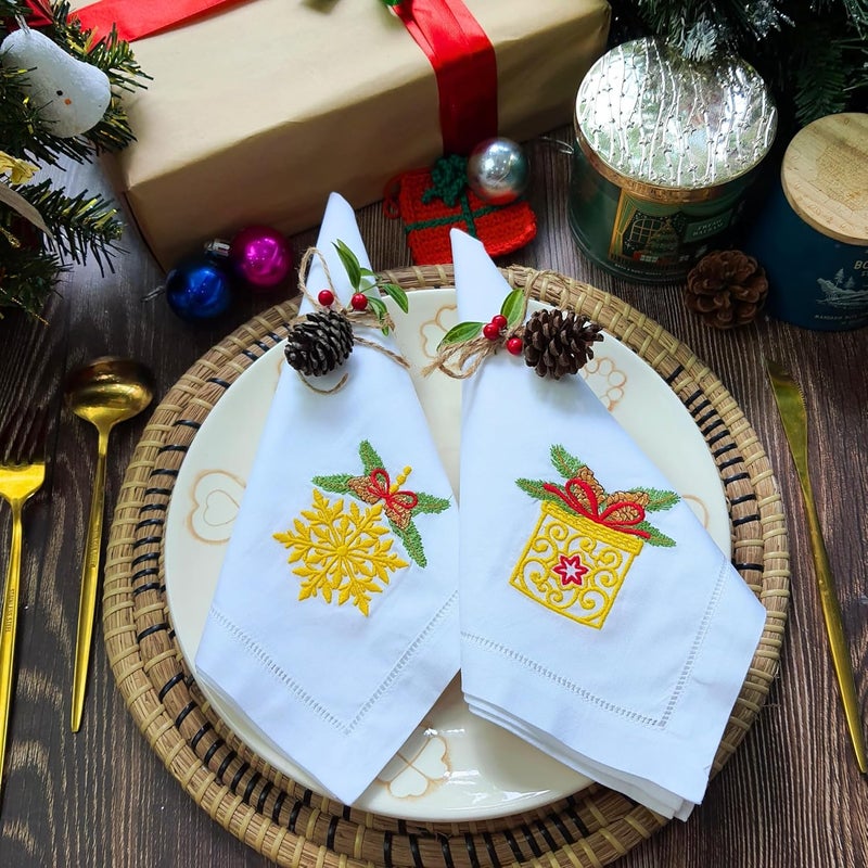 HCRAFT Embroidered Cotton Table Napkin Cloth Napkins Set of 4 18x18 Mix Christmas with Bow Napkin Square Fabric Dining Room Napkins Cloth Machine Washable Christmas Napkins Great Present Ideas - Image 2